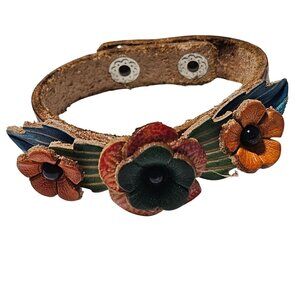 Handcrafted Retro Leather Floral Cuff Bracelet Adjustable Snap Closure 60s 70s